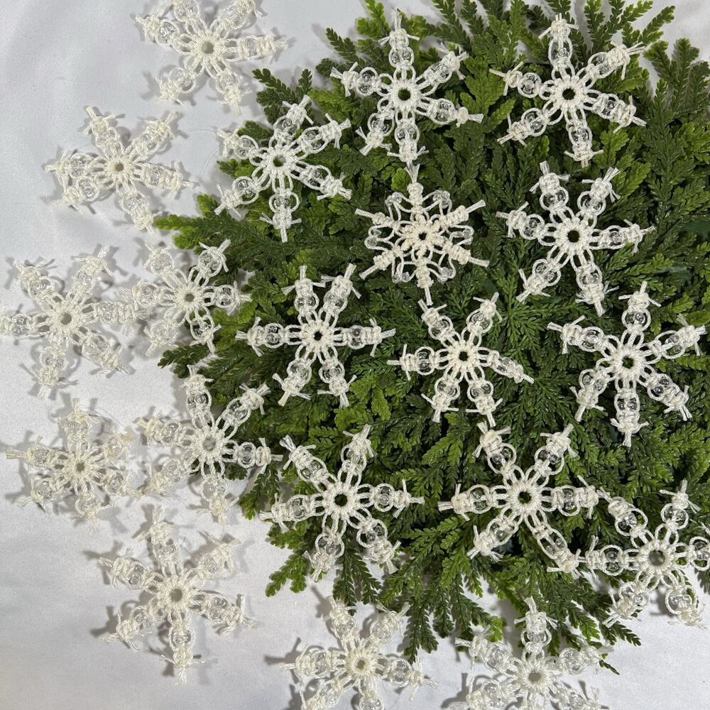 Vintage Set of 20 Macramé Knotted Snowflake Ornaments Clear Beads in Ivory